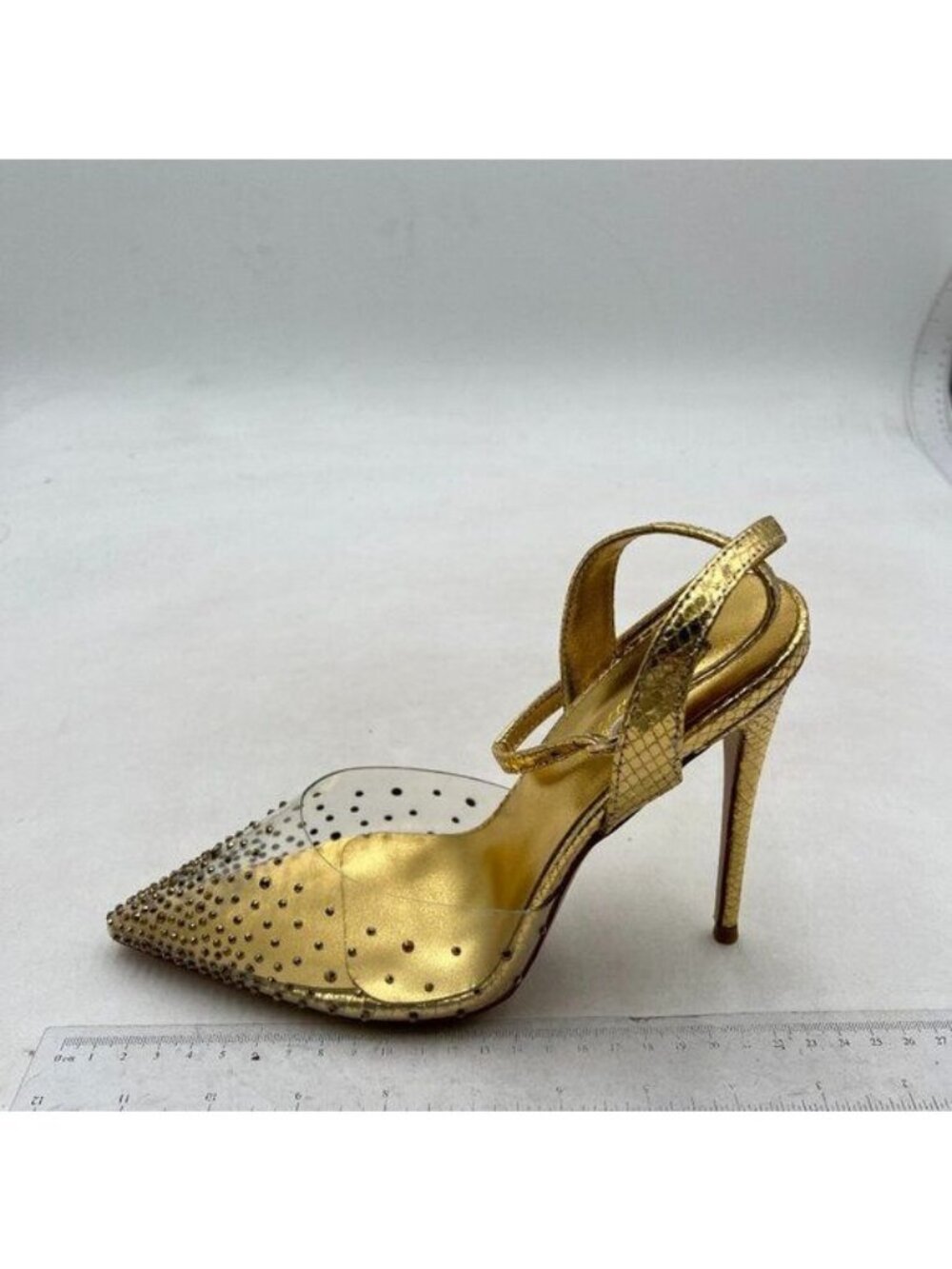 Wansseny Gold Pencil High Heel Studded Sandal Slip On D'Orsay Evening Pump